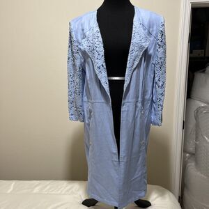 Cardigan Chico’s Duster Linen Blend Lace Open Front Baby Blue 3/4 Sleeve Sz 3 XL